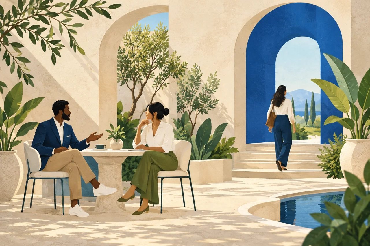 Editorial illustration of people sharing a conversation beside a blue archway